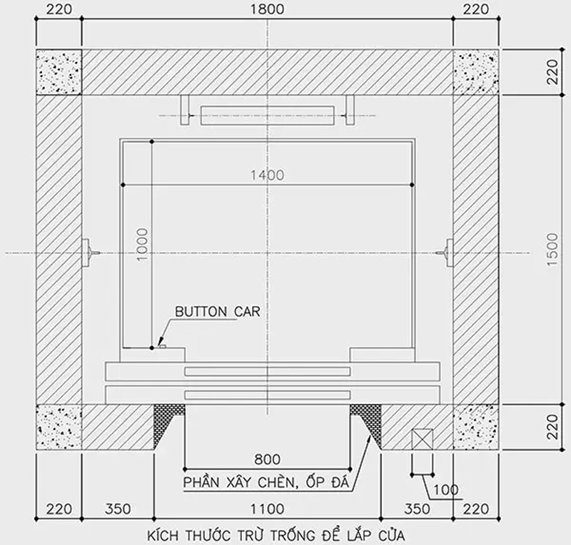Kích thước kích thước thang máy tiêu chuẩn 450kg đối trọng sau, hố rộng